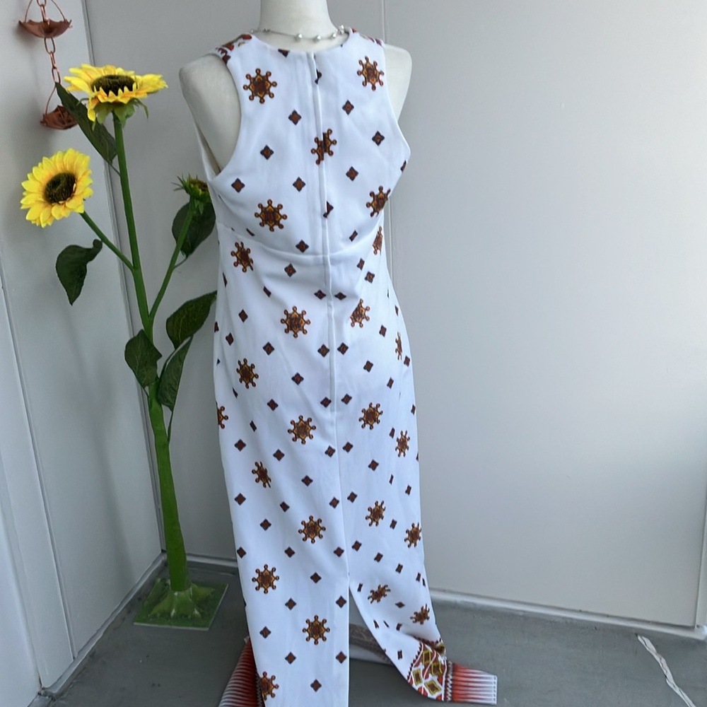 Vintage 60s 70s Alfred Shaheen Geometric Border Print White & Orange Maxi Dress - Picture 7 of 11